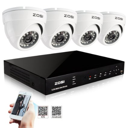 ZOSI H.264 720P 8CH HD CCTV DVR Security System w/ 4pcs 1.0 Megapixel (1280*720) Indoor outdoor Day&Night Dome Cameras,3.6mm lens, 65ft(20m) Night Vision,Smartphone Remote view,NO HDD (White)