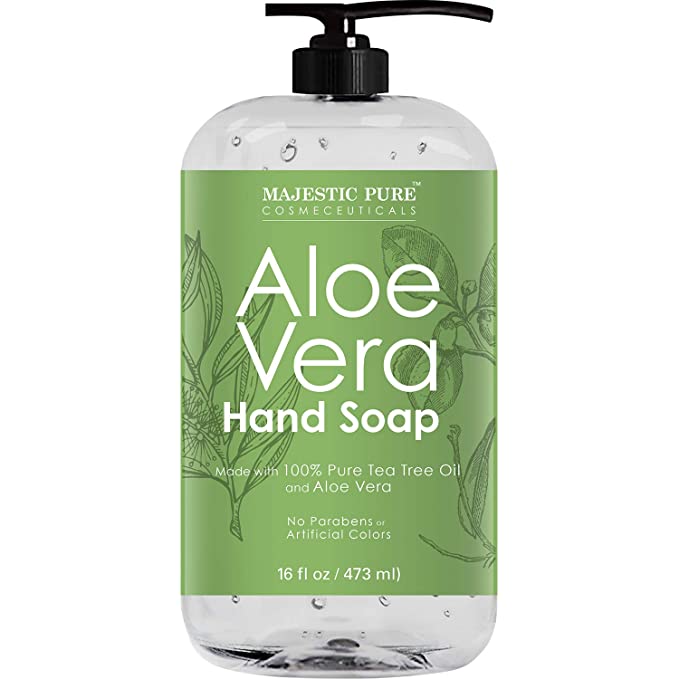 Majestic Pure Aloe Vera Liquid Hand Soap - Multi Purpose Hand Wash with Therapeutic Tea Tree, Spearmint & Peppermint Oils, Pump Dispenser, Sulfate Free - 16 fl oz