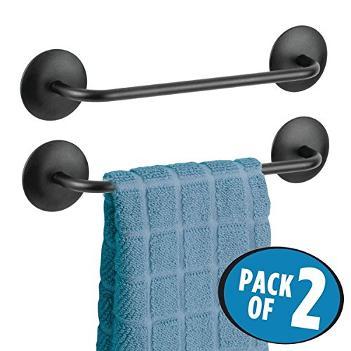 mDesign Kitchen Self-Adhesive Towel Bar Holder for Hand Towels, Dish Towels - Pack of 2, Matte Black