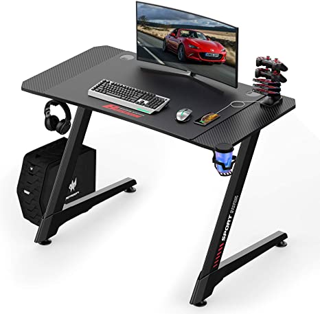 LEMBERI 44 inch Gaming Desk, Z-Shaped Computer Desk with Free Large Mouse Pad, Professional Game Work Station, PC Gamer Table with USB Gaming Handle Rack, Stand Cup Holder&Headphone Hook (44", Black)