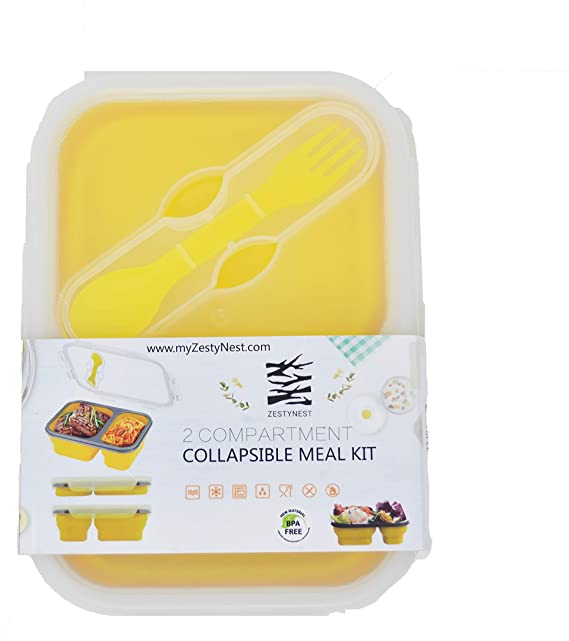 Thin collapsible 2 Compartment lunch Container, Microwave and Freezer Safe, Yellow with utensil built in.