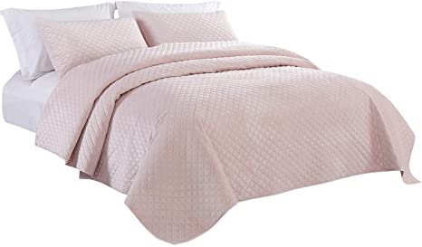 PHF Velvet Oversize Quilt Set 3 Pieces Solid Bedspread and Coverlet Soft Warm Luxury Decorative for Winter Fall Queen Size Light Pink