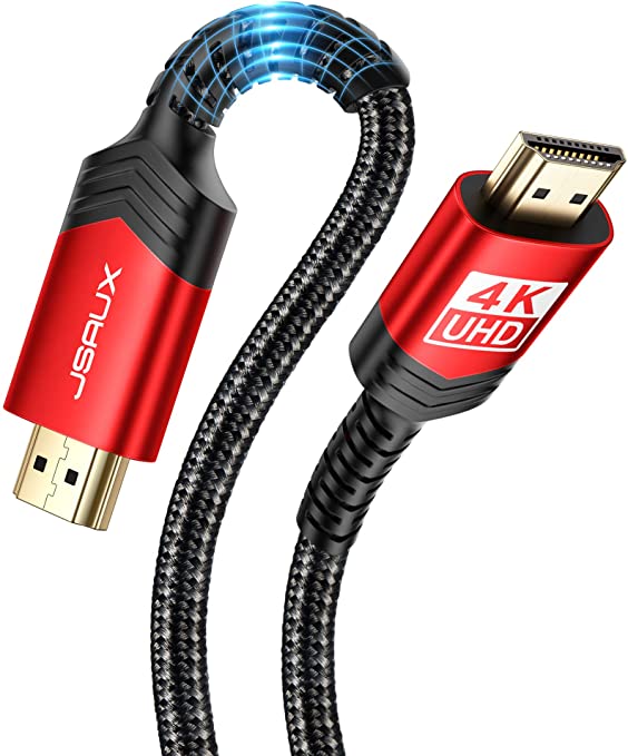 4K 60Hz HDMI Cable [12ft/4M], JSAUX HDMI 2.0 to HDMI High Speed 18Gbps 28AWG HDR 3D 2160p 1080p Braided Cord Compatible with Ethernet Audio Return(ARC),Fire TV, UHD TV, PC (Red)