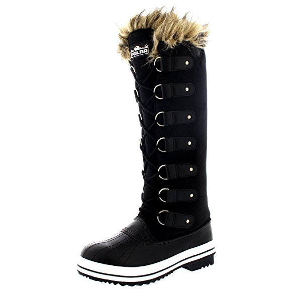 Womens Lace Up Rubber Sole Knee High Winter Snow Rain Shoe Boots