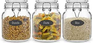 JoyJolt Airtight Glass Jars with Lids Set of 3. 32oz Glass Jar with Lid and 6 Silicone Seals! Med Glass Food Storage Containers. Square Mason Jar, Candy Jar, Sugar Jar, Pasta Containers for Pantry