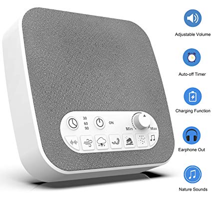 White Noise Sound Machine, Sleep Therapy for Sleeping & Relaxation, 7 Natural Soothing Sounds, USB Charger, Adjustable Volume Headphone Jack Auto-Off Timer, Portable for Home Office Travel