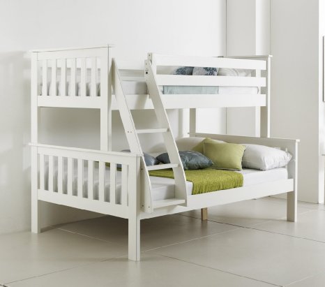 Happy Beds Bunk Bed Atlantis Pinewood White Triple Sleeper Quality Solid Pine Wood With 2x Orthopaedic Mattresses