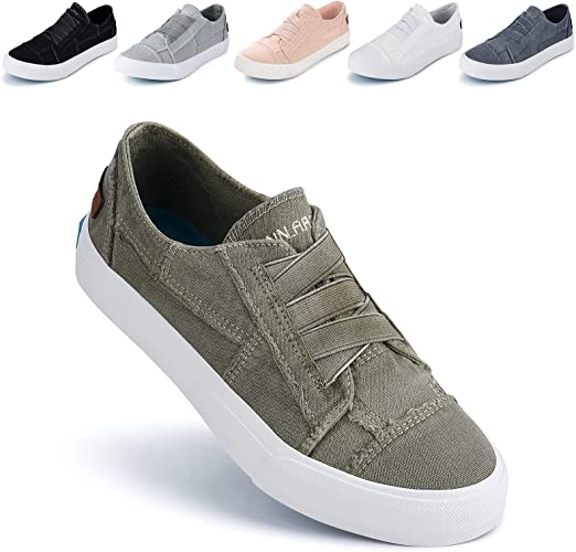 JENN ARDOR Women's Stylish Slip On Sneakers No Laces Elastic Low Top Canvas Sneakers Trendy Flats Comfortable Casual Walking Shoes