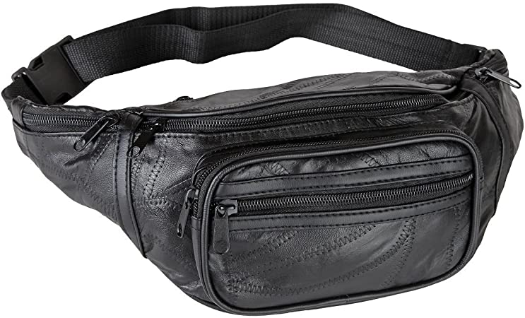 Home-X - Genuine Leather Lambskin Waist Bag Fanny Pack with RFID Protection, The Perfect to-Go Travel Bag for Men and Women of All Ages, Black