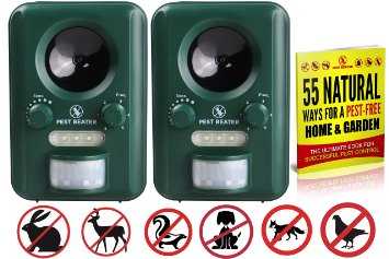 Pest Beater™ Ultrasonic Solar Pest Repellent (Set of 2) Best Outdoor Electronic Repeller & Control for Birds Geese Pigeons Dogs Squirrels Cats Deers. Battery Powered deterrent for Yards Lawns Gardens