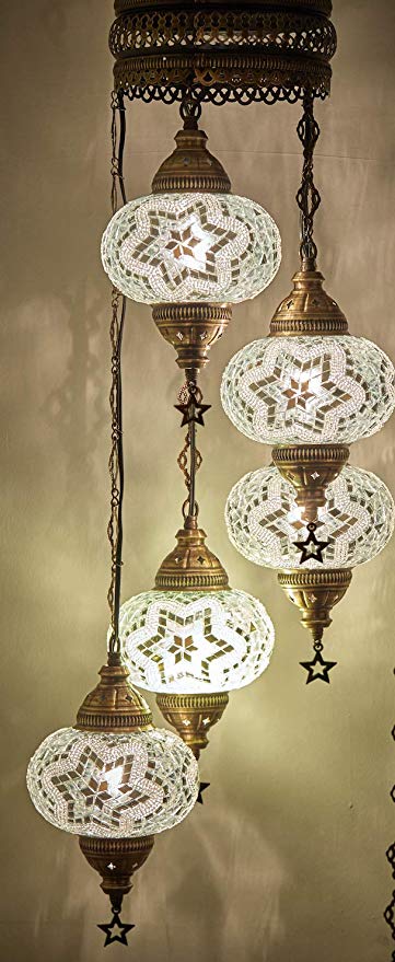 (Choose from 12 Designs) Turkish Moroccan Mosaic Glass Chandelier Lights Hanging Ceiling Lamps (5 Globes 7" (a))
