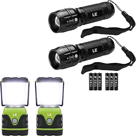 Bundle – 2 Items：LE LED Camping Lantern, Battery Powered LED with 1000LM, 2 Packs & LED Flashlight LE1000 High Lumens, Small and Extremely Bright Flash Light, 2 Packs