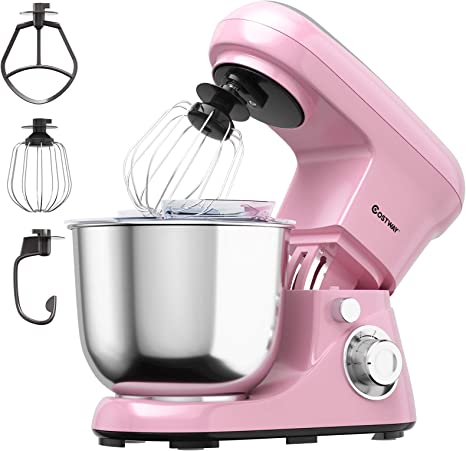 COSTWAY Stand Mixer, 6-Speed Tilt-Head Stand Mixer, 500W, Kitchen Electric Mixer with Dough Hook, Beater, Whisk, 5.3 Quart Stainless Steel Mixing Bowl and Splash Guard (Pink)