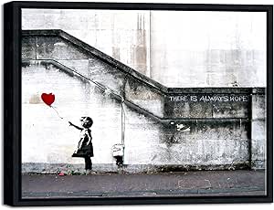 Wieco Art Framed Canvas Wall Art Giclee Canvas Prints of Banksy Grafitti Girl with Red Balloon Abstract Artwork for Wall Decor Home Decorations Black Frame