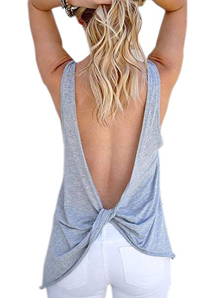 Mippo Women's Sexy Backless Cross Knotted Swing Hem Blouse Sleeveless Casual Tank Tops Gray S