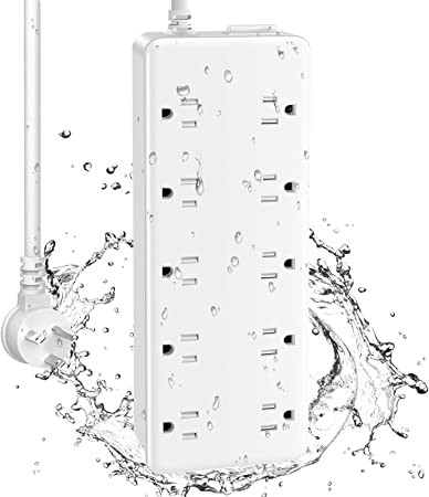 CCCEI 10 Outlets Outdoor Power Strip Weatherproof White, 1700J Surge Protector Waterproof Multiple Outlet Exterior Power Strip, Mountable 10 FT 12Amp Outside Extension Outlet with Flat Plug.
