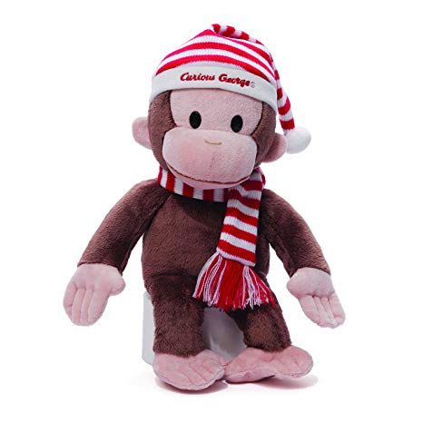 Gund Curious George Plush in Christmas Red and White Striped Hat, 14" Tall
