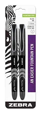 Zebra Fountain Pen, Fine Point, 0.6mm, Black, Non-Toxic Ink, 2-Count