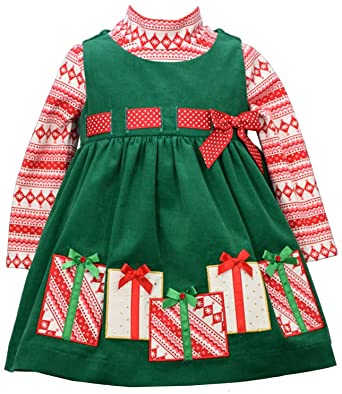 Bonnie Jean Holiday Christmas Dress - Green Corduroy Jumper Dress for Baby, Toddler and Little Girls