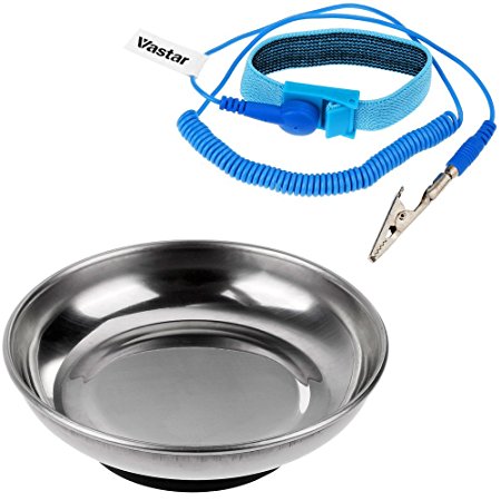 Vastar VMT1-ALX-1 Round Stainless Steel Magnetic Tray, Magnetic Parts Holder and ESD Anti-Static Wrist Strap Components, Blue