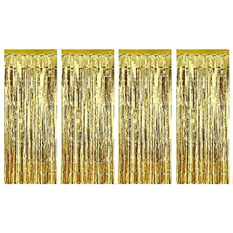 4 Pack Foil Fringe Curtain Backdrop Curtains Shimmer Party Photo Backdrop Curtains for Birthday, Christmas, New Years, Weddings Party Decorations(Gold)