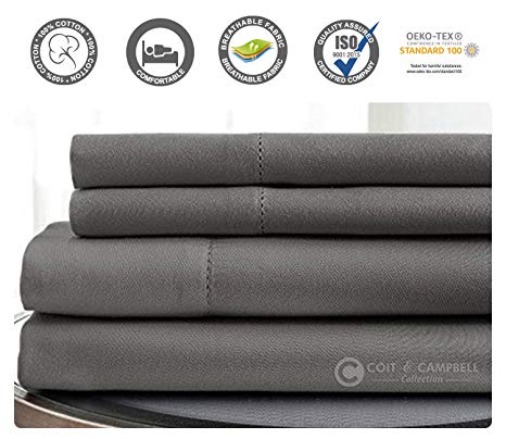 Coit & Campbell Premium Hotel Collection OEKO-TEX Certified Solid 500 Thread Count Deep Pocket 100% Cotton Sateen Sheet Set, TwinXL Dark Grey