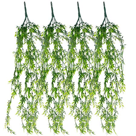 Artificial Hanging Plants Greenery，Plastic Plant Vines Small Bamboo Leaves Greenery Garland for Wall Backdrop Balloons Arch Garden Hanging Basket Floral Wedding Safari Jungle Party Decoration(4PCS)