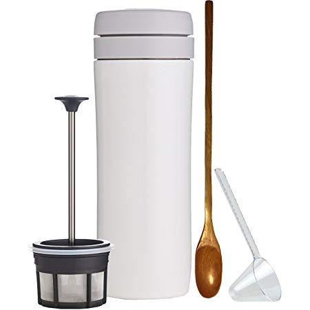 Espro Travel Coffee Press, Stainless Steel, 12 oz (5012C-15WT) Bright White, Zonoz One-Tablespoon Plastic Clever Scoop & Zonoz 8.25-Inch Wooden Stirring Spoon Bundle