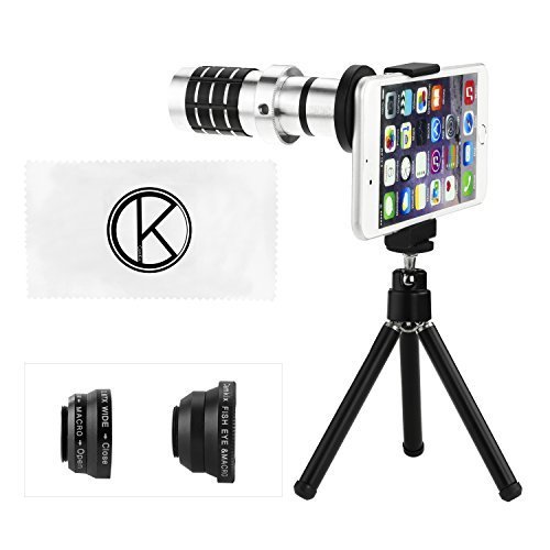 Eco-Fused Universal Smart Phone Camera Lens Kit including 12x Telephoto Manual Focus Lens  Fish Eye Lens  2 in 1 Macro and Wide Angle Lens  Tripod  Lens and Phone Holder  Fits Most Phones