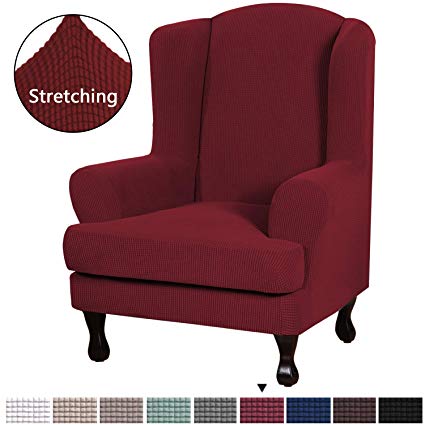 2 Piece Sofa Cover High Stretch Jacquard Fabric Furniture Slipcover Stay in Place Soft Spandex Form Fit Wing Back Armchair Slipcovers, Skid Resistance Machine Washable (Wing Chair, Burgundy Red)