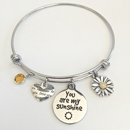 You Are My Sunshine Stainless Steel Friendship Bracelet ~ Adjustable Girlfriend or Daughter Charm Bangle