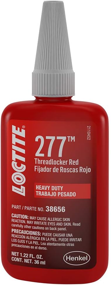 Loctite 277 Threadlocker for Automotive: High-Strength, High-Temperature, Fluorescent, Anaerobic, for Large Threads, Works on All Metals | Red, 36 ml Bottle (PN: 38656-555353)