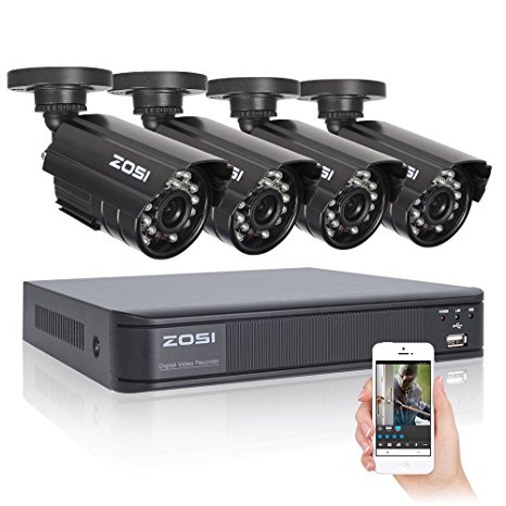 ZOSI 4CH Full D1 960H Recording Home Security DVR 4PCS HD 800TVL 24IR Outdoor Day&Night Color CMOS Cameras 65ft Night Vision Surveillance Smart Security Kit NO HDD