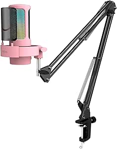 FIFINE Condenser Desktop Mic and Mic Arm Stand Set, USB Gaming Microphone with Tap-to-Mute, RGB Button, Gain Knob for Streaming, Boom Mic Stand with Adapter, C-Clamp for Recording, Studio(A8P CS1)