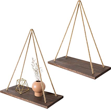 Mkono Wood Hanging Wall Shelf Set of 2 Swing Rope Floating Shelves Rustic Home Decor Organizer for Living Room Bedroom Bathroom Kitchen