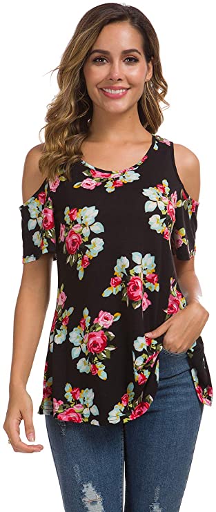 Coreal Cold Shoulder Tops Women's Short/Long Sleeve Shirt Casual Open Shoulder Tee Loose Floral/Solid