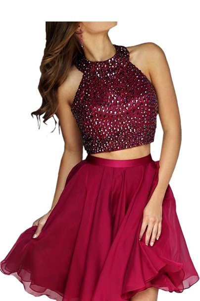 Lisa A-line Two Pieces Beaded Homecoming Dress Short Chiffon Graduation Gown LS61