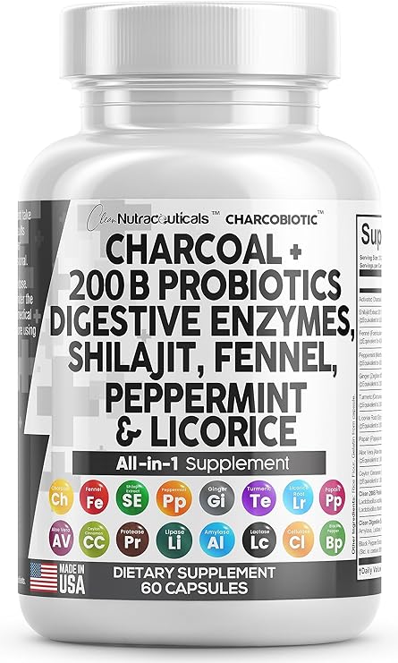 Clean Nutra Activated Charcoal Capsules 1000mg Shilajit 5000mg Pills Probiotic 200 Billion   Digestive Enzymes for Digestive Health with Peppermint Fennel Licorice Papain Ginger Turmeric | Gut Health