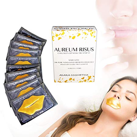 AUREUM RISUS - 24K Gold Collagen Premium Lip Mask Treatment -Infused with Lavender Essential Oil for Chapped Lips, Dry Lips - Moisturizes, Firms Lips, Hydrates Mouth Area