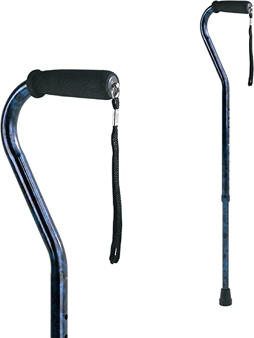 Carex Health Brands Offset Designer Walking Cane Height Adjustable Cane with Wrist Strap Latex Free Soft Cushion Handle Supports 250lbs, Blue, 1 Count