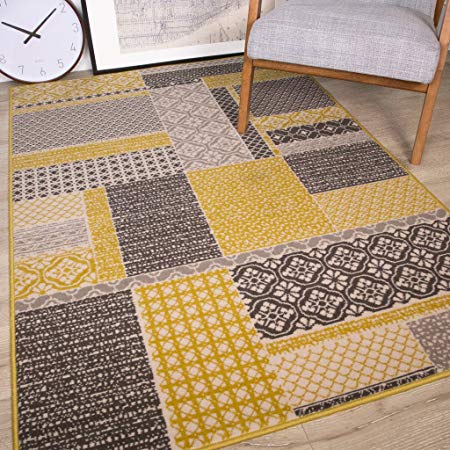 Milan Ochre Mustard Yellow Grey Beige Patchwork Squares Traditional Living Room Rug 280cm x 365cm