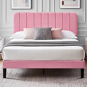 VECELO Full Size Upholstered Bed Frame with Adjustable Headboard, Velvet Platform Bedframe Mattress Foundation, Strong Wood Slat Support, No Box Spring Needed, Pink