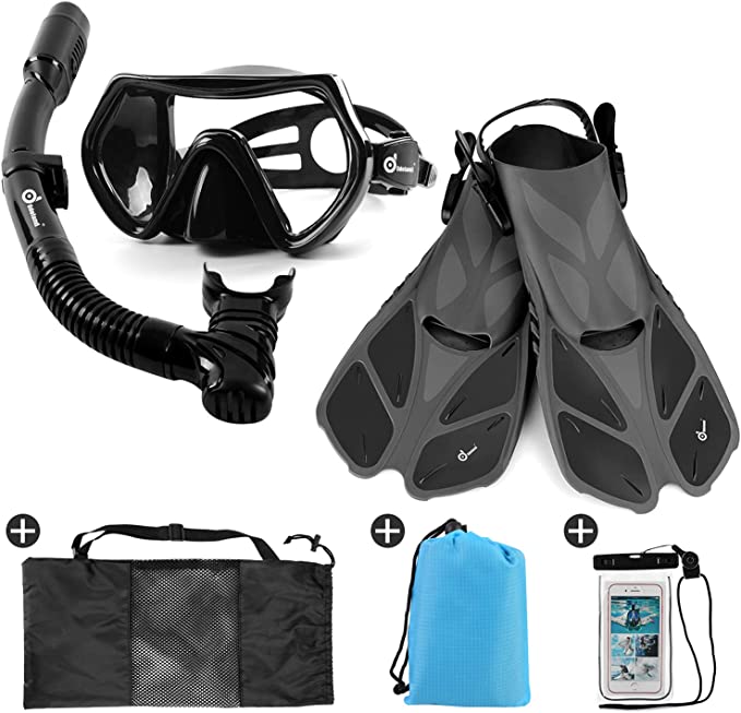 Odoland Snorkel Set 6-in-1 Snorkeling Packages with Diving Mask, Adjustable Swim Fins, Mesh Bag, Waterproof Case and Beach Blanket, Anti-Fog Anti-Leak Snorkeling Gear for Men Women Adult