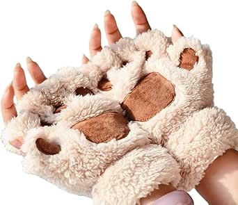 Cute Cat Kitten Paw Fingerless Gloves Cozy Faux Fur Plush Half Finger Gloves Touchscreen Warm Mittens for Girls Women