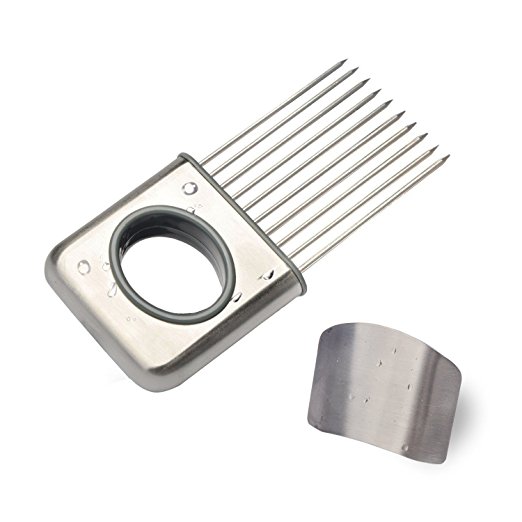 Onion Slicer Stainless Steel Kitchen gadgets Kit Onion Holder Cutter Prongs Holds Slice Aid Cutting Vegetable Potato Tomato Meat, with Extra Finger Hand Protector Slicing Guide Avoid Hurting