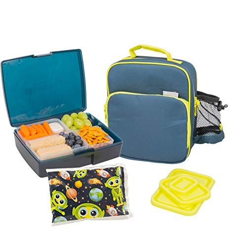 Bentology Lunch Bag and Box Set - Includes Insulated Bag with Handle, Bento Box, 5 Containers and Ice Pack - Midnight/Alien