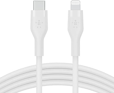 Belkin BoostCharge Flex Silicone USB-C to Lightning Cable (2M/6.6FT), MFi-Certified Charging Cable for iPhone Series with Cable Clip - White