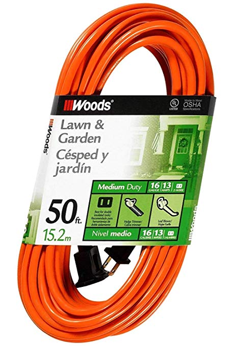 Woods 0723 16/2 SJTW General Purpose Extension Cord, Medium Duty, Ideal for Landscaping and Powering Appliances, Water Resistant Flexible Vinyl Jacket, 50 Foot, Orange (New Version)