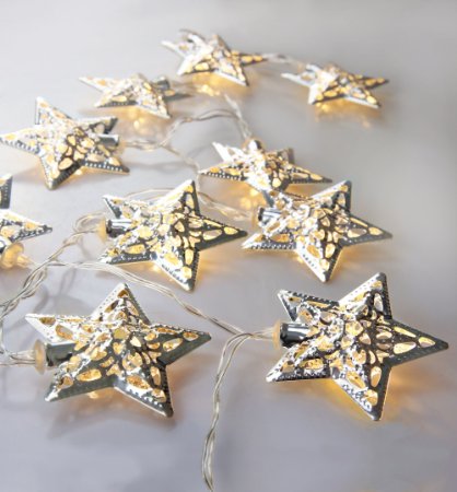 Velice Battery Operated Warm White LED Fairy Lights 10 Metal Star String Decoration Light for Festival Halloween Christmas Party Wedding (Silver)