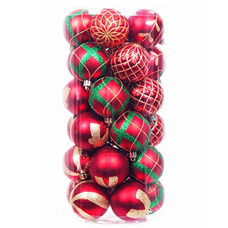 iPEGTOP Delicate Painting & Glittering Shatterproof Christmas Ball Ornaments - 30ct 60mm/2.4" Hanging Christmas Balls Ornaments Baubles Set Xmas Tree, Red Green